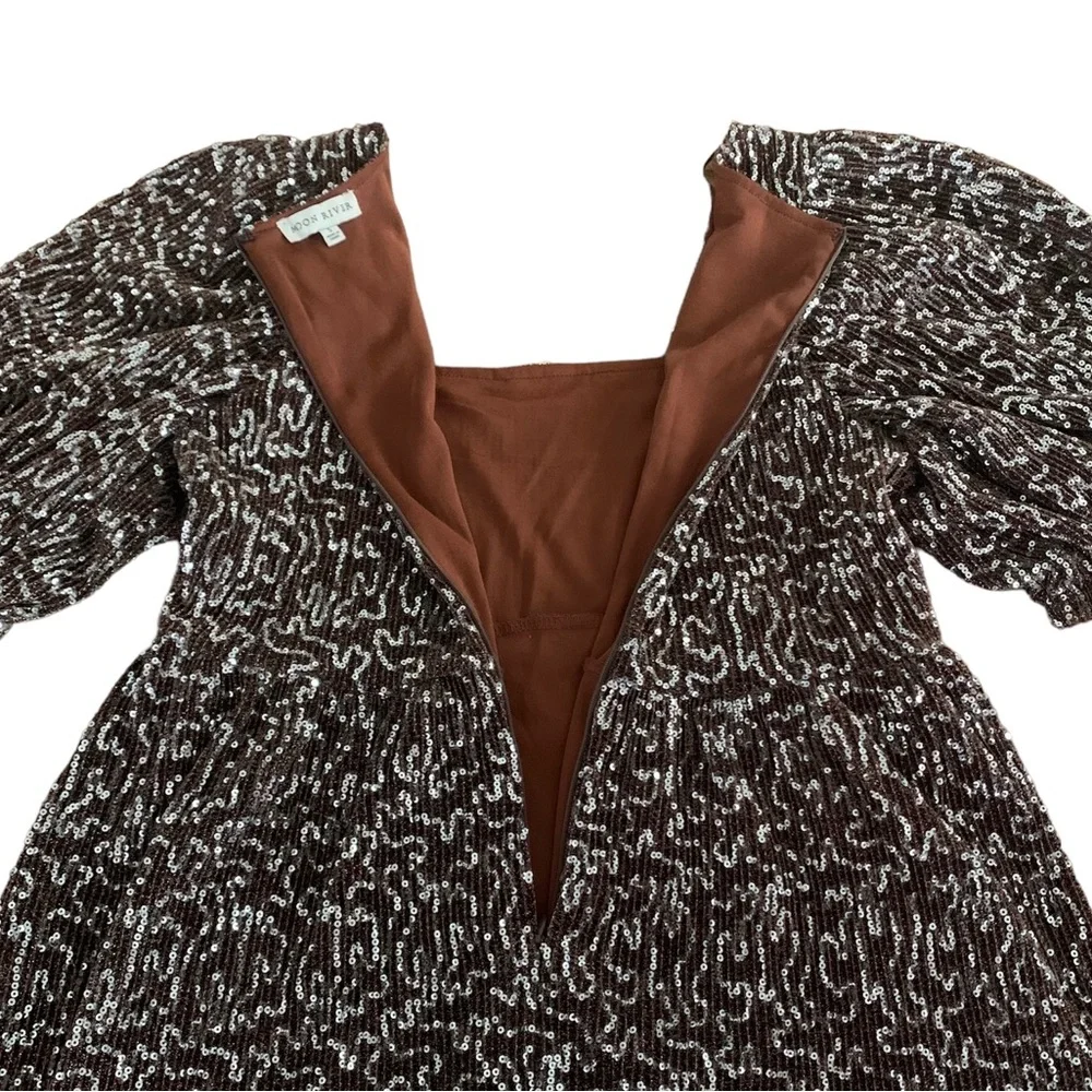 Anthropologie Moon River Women’s Sequin Babydoll‎ Mini Dress Brown Silver Sz S